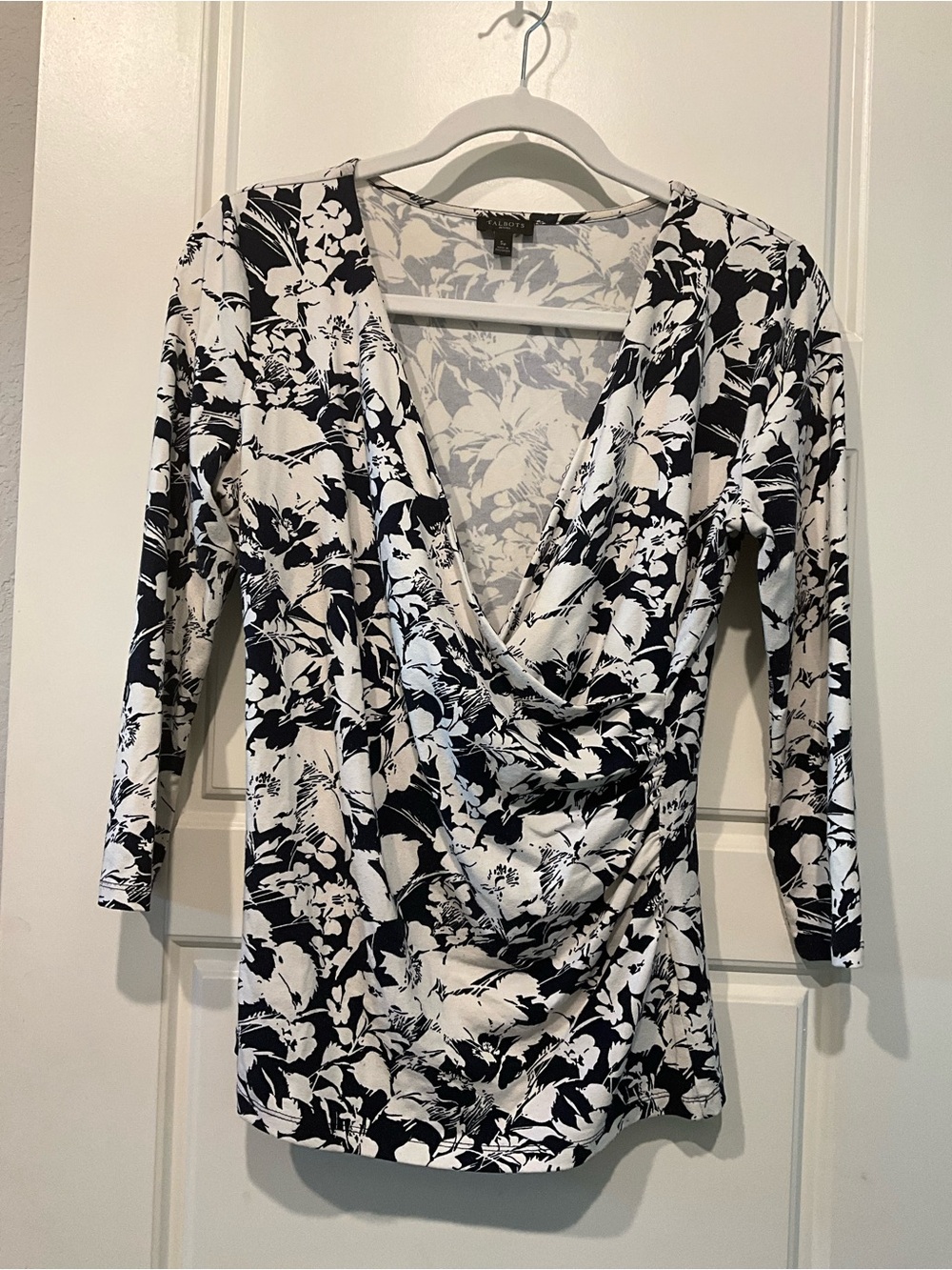 Talbots Petite Small Navy Blue / White Floral Faux Wrap Ruched Top